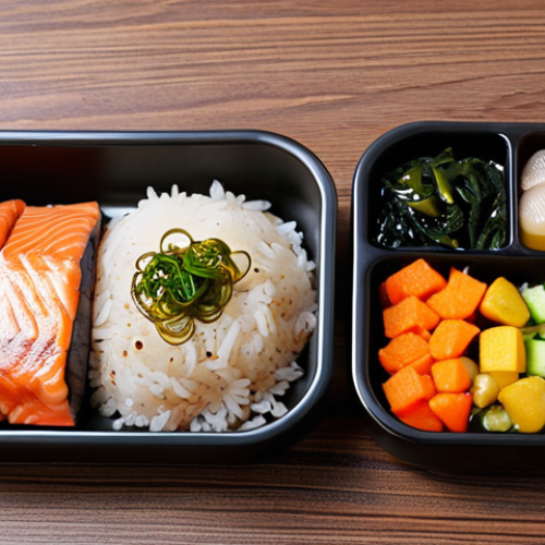 **

"A vibrant and healthy lunch set meal in a Japanese style, emphasizing the ingredients that boost brain function. Feature oily fish like mackerel or salmon, brown rice, various colorful vegetables and seaweed, and a small portion of fermented foods like miso soup or natto. The presentation should be appealing and appetizing, suggesting increased focus and concentration."

**