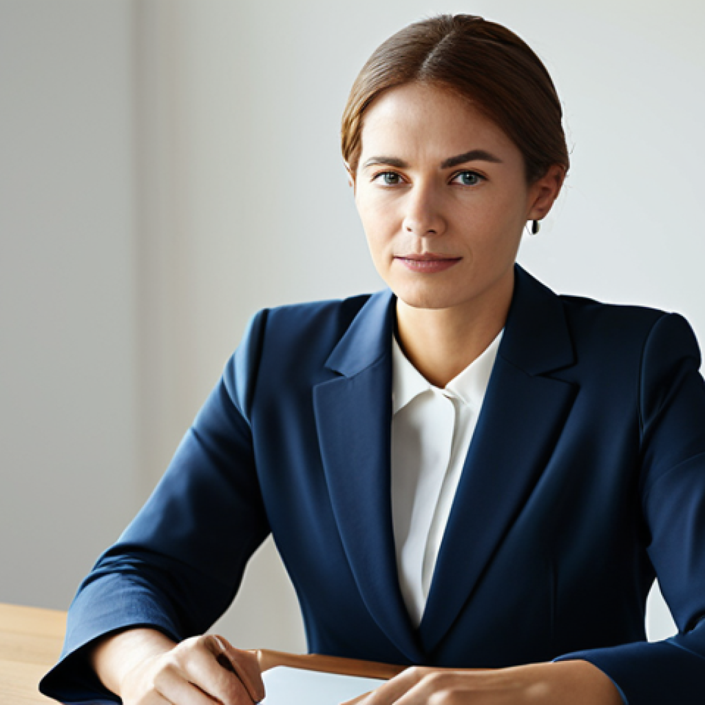 A professional woman in a crisp, modest business suit, sitting at a clean, minimalist desk in a modern, sunlit office. She is looking forward with a clear, focused expression, a subtle glow around her head symbolizing mental clarity and high concentration. The background is blurred softly, emphasizing her deep focus. fully clothed, appropriate attire, professional dress, safe for work, appropriate content, perfect anatomy, correct proportions, natural pose, well-formed hands, proper finger count, natural body proportions, professional photography, high quality.