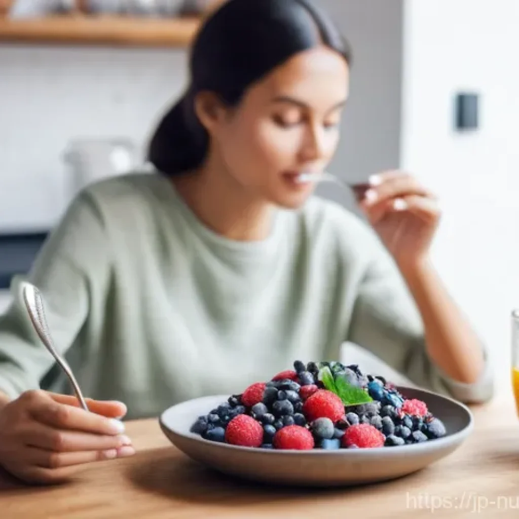식사와 마음 챙김의 뇌 건강 관계 - **Prompt: Mindful Eating for Brain Health**
    "A bright, naturally lit scene of a healthy woman, a...