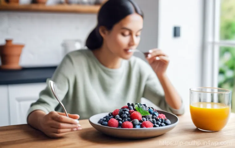 식사와 마음 챙김의 뇌 건강 관계 - **Prompt: Mindful Eating for Brain Health**
    "A bright, naturally lit scene of a healthy woman, a...
