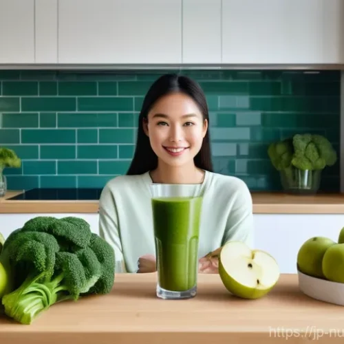 뇌건강을 위한 슈퍼푸드 리스트 - A bright and invigorating scene inside a modern, sunlit kitchen. A young East Asian woman in her lat...