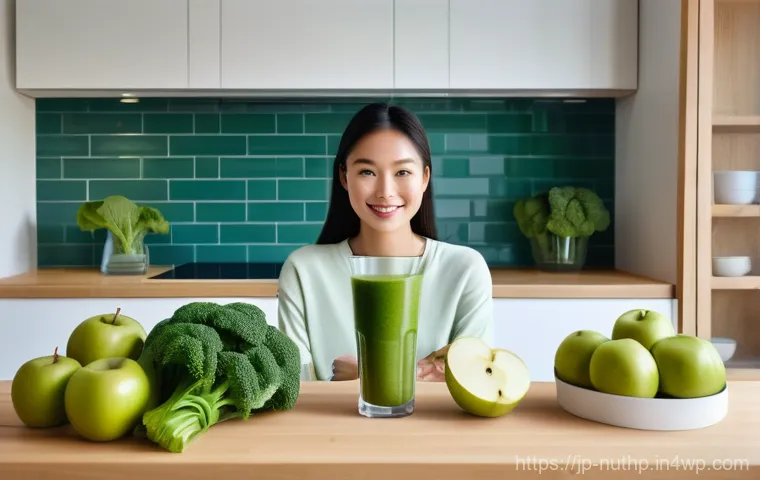 뇌건강을 위한 슈퍼푸드 리스트 - A bright and invigorating scene inside a modern, sunlit kitchen. A young East Asian woman in her lat...