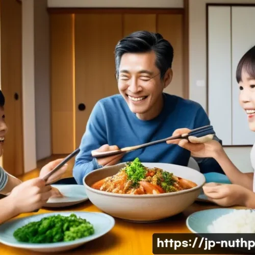 가족을 위한 뇌 건강 식단 아이디어 - A joyful Japanese family of four (mother, father, a cheerful boy, and a smiling girl, all wearing ca...