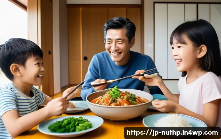 가족을 위한 뇌 건강 식단 아이디어 - A joyful Japanese family of four (mother, father, a cheerful boy, and a smiling girl, all wearing ca...