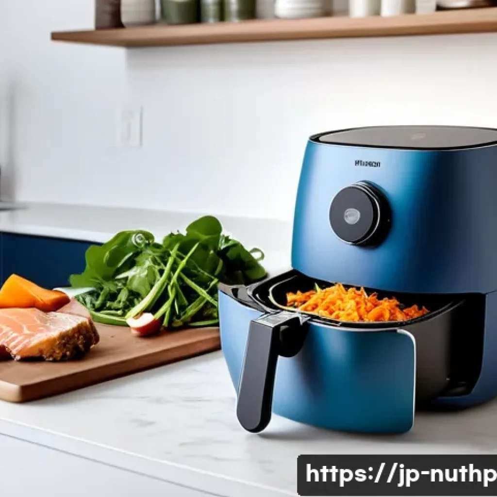 뇌 건강을 위한 조리법  에어프라이어 활용 - A modern Japanese kitchen scene featuring a sleek air fryer on the countertop, surrounded by fresh b...