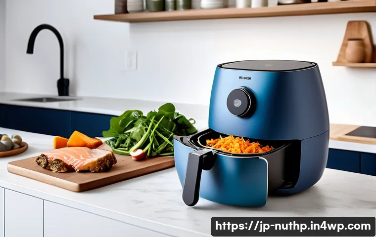 뇌 건강을 위한 조리법  에어프라이어 활용 - A modern Japanese kitchen scene featuring a sleek air fryer on the countertop, surrounded by fresh b...