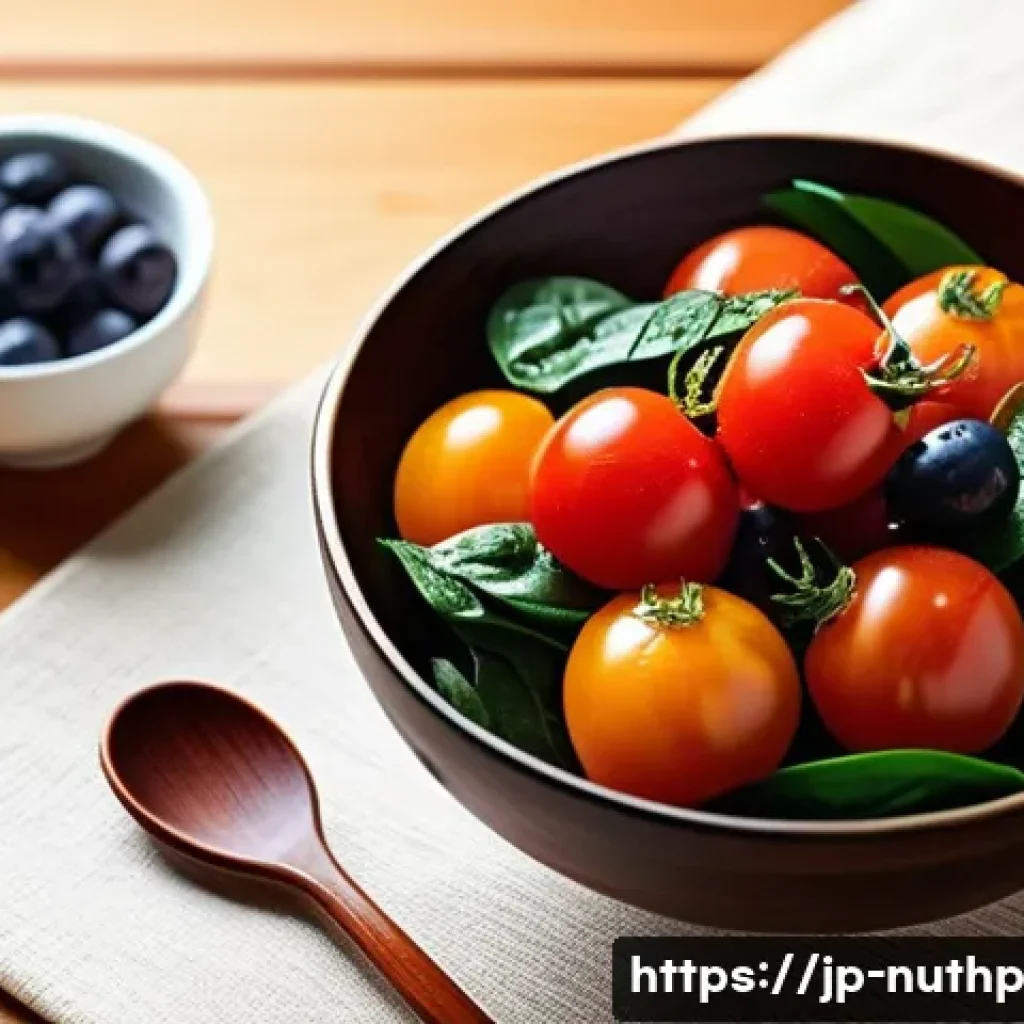 항산화제가 풍부한 음식 추천 - A vibrant, modern Japanese kitchen scene featuring a colorful assortment of antioxidant-rich foods o...