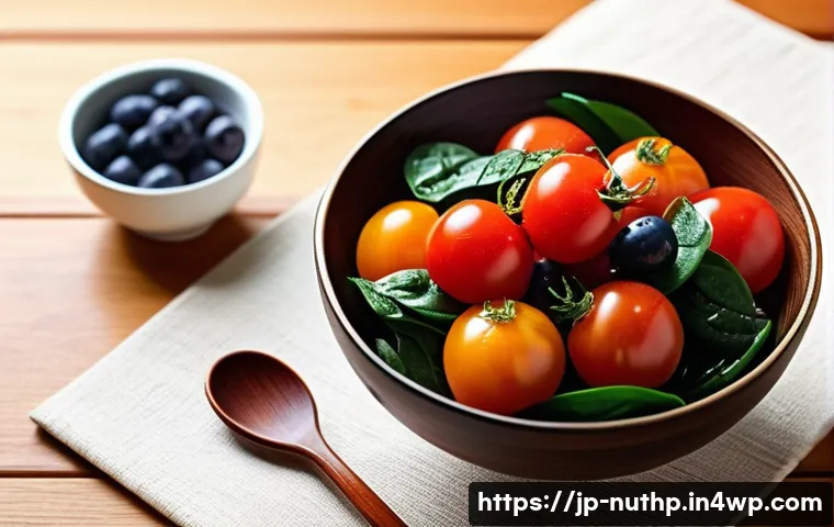 항산화제가 풍부한 음식 추천 - A vibrant, modern Japanese kitchen scene featuring a colorful assortment of antioxidant-rich foods o...