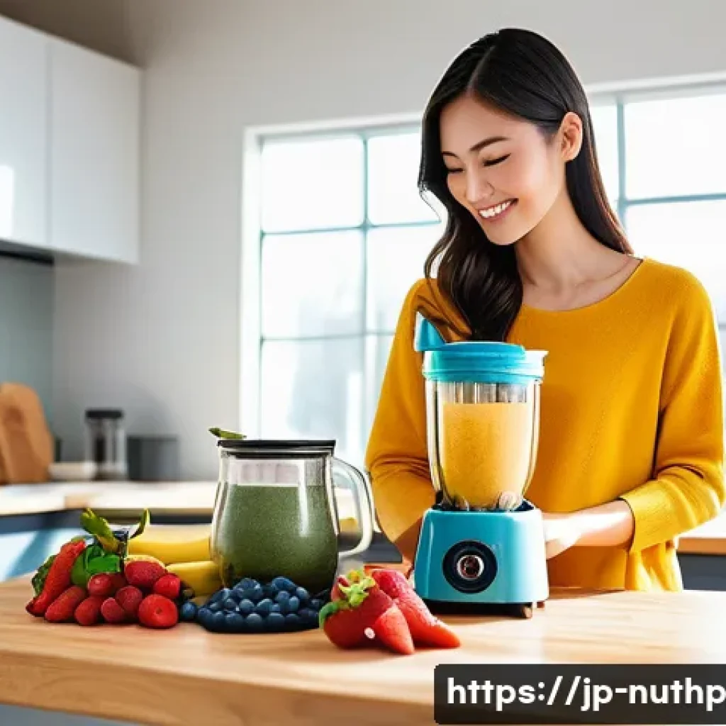 정신 집중력을 높이는 뇌 건강 스무디 - A bright and inviting modern kitchen scene featuring a vibrant smoothie preparation setup: fresh ban...
