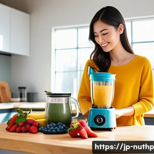 정신 집중력을 높이는 뇌 건강 스무디 - A bright and inviting modern kitchen scene featuring a vibrant smoothie preparation setup: fresh ban...