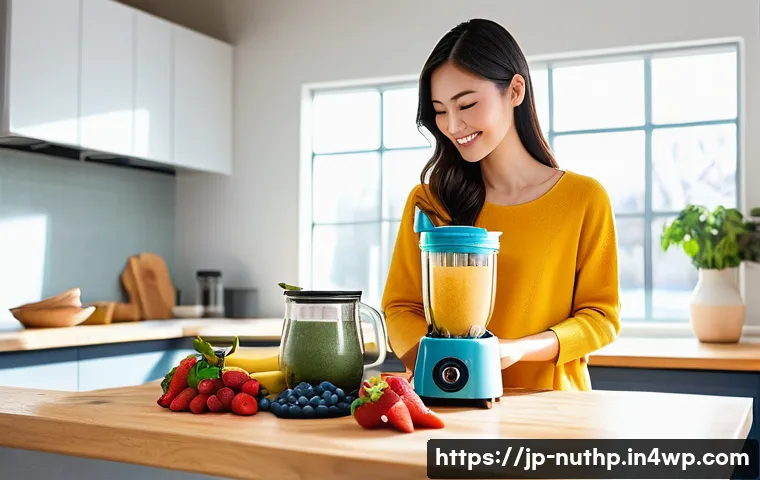 정신 집중력을 높이는 뇌 건강 스무디 - A bright and inviting modern kitchen scene featuring a vibrant smoothie preparation setup: fresh ban...
