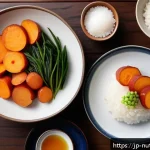 뇌 건강을 위한 저항성 전분 식품 - A modern Japanese breakfast scene featuring a neatly arranged table with a bowl of cooled white rice...