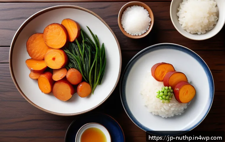 뇌 건강을 위한 저항성 전분 식품 - A modern Japanese breakfast scene featuring a neatly arranged table with a bowl of cooled white rice...