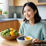 뇌 건강을 고려한 장기적인 식단 계획 - A vibrant breakfast scene featuring a Japanese woman in her 30s enjoying a healthy brain-boosting me...