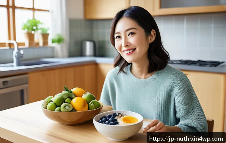 뇌 건강을 고려한 장기적인 식단 계획 - A vibrant breakfast scene featuring a Japanese woman in her 30s enjoying a healthy brain-boosting me...