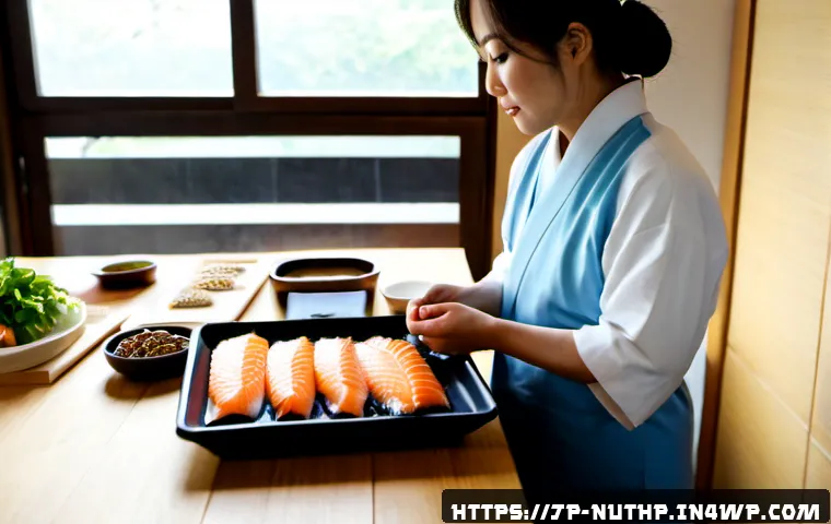 뇌 건강을 위해 피해야 할 음식 - Photorealistic Japanese kitchen scene, a middle-aged Japanese woman thoughtfully choosing fresh salm...