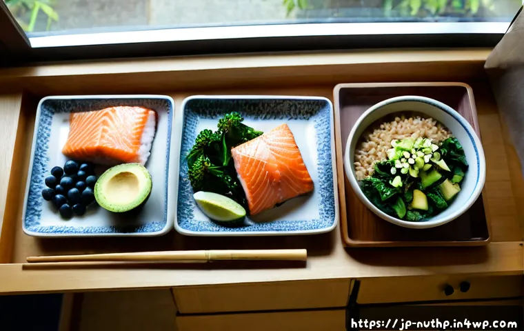 지속 가능한 뇌 건강 식단을 위한 요리법 - Photorealistic overhead view of a sustainable brain-health meal preparation scene in a bright Japane...